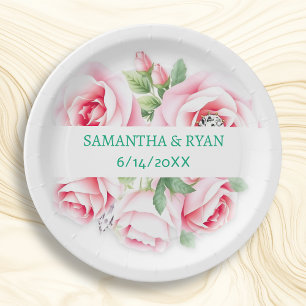 Pink Roses & Green Foliage Wedding Personalized Paper Plate