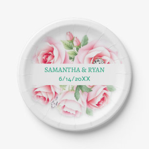 Pink Roses & Green Foliage Wedding Personalized Paper Plate
