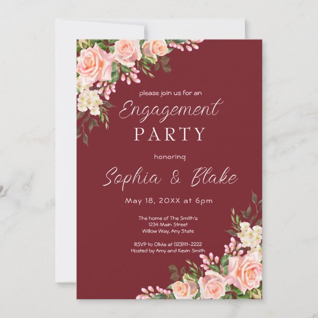 Pink Roses & Greenery- Burgundy Engagement Party   Invitation (Front)