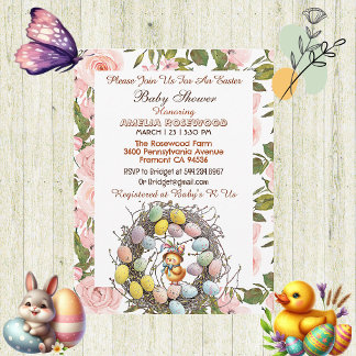 Pink Roses Greenery Easter Eggs Nest Chick Floral Invitation