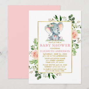 Pink Roses Greenery Elephant Baby Shower Gold Invitation