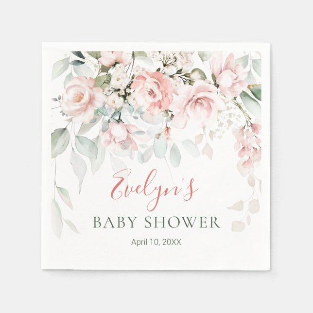 Pink Roses Greenery Foliage Baby Shower Napkin (Front)