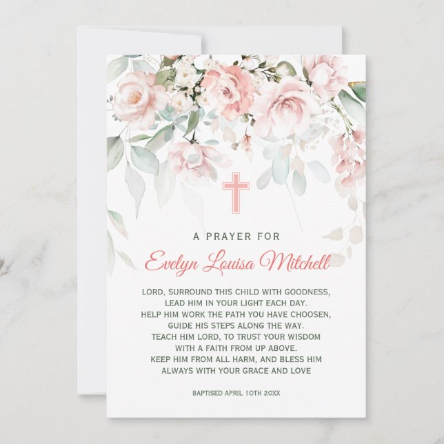 Pink Roses Greenery Foliage Baptism Prayer Invitation (Front)