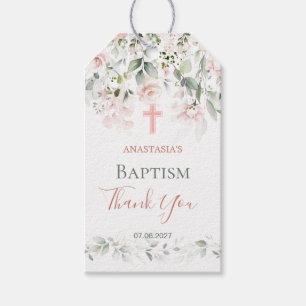 Pink Roses Greenery Foliage Cross Baptism  Gift Tags