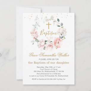 Pink Roses Greenery Foliage Cross Baptism Invitation