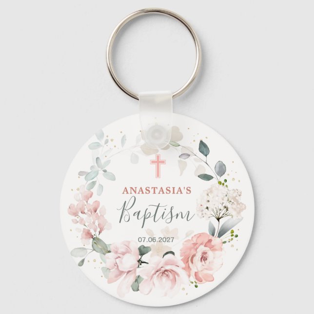 Pink Roses Greenery Foliage Cross Baptism  Keychain (Front)