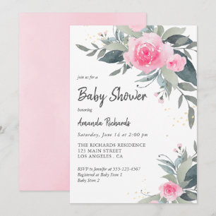 Pink Roses Greenery Girl Baby Shower Invitation