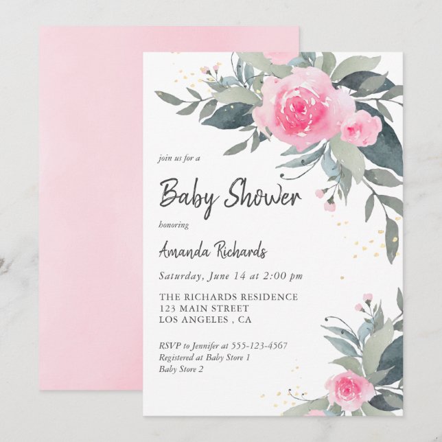 Pink Roses Greenery Girl Baby Shower Invitation (Front/Back)