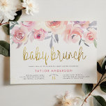 Pink Roses & Greenery Gold Baby Brunch Baby Shower Invitation<br><div class="desc">Chic gold and pink floral baby shower invitations. This design features "baby brunch" in gold calligraphy, your shower details in modern typography, faux gold glitter, and a bouquet of blush pink watercolor roses. These cards reverse to a green watercolor wash. Click on "Personalize this template" to change the wording. Scroll...</div>