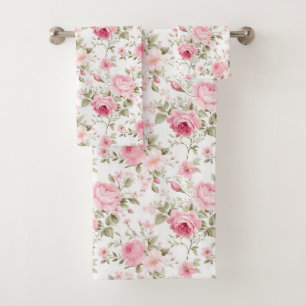 Pink Roses Greenery Shabby Chic Bath Towel Set