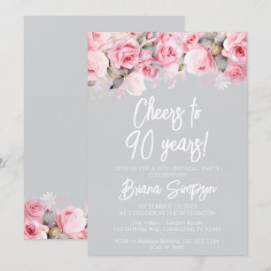 Pink Roses Grey Floral 90th Birthday Party Invitation