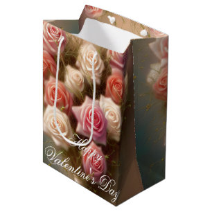 Pink roses heart bouquet valentine medium gift bag