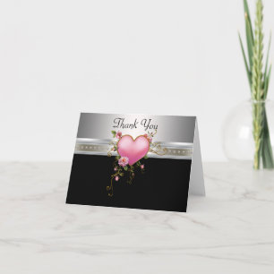 Pink Roses Heart Pink and Black Thank You Cards
