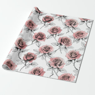 Pink Roses Illustration Style Valentine's Day Wrapping Paper