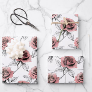Pink Roses Illustration Style Valentine's Day Wrapping Paper Sheet