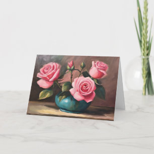 Pink Roses in Blue Vase Still Life Illustration Card