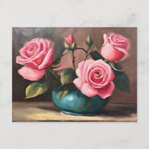 Pink Roses in Blue Vase Still Life Illustration  Postcard