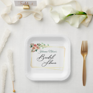 Pink roses in gold frame paper plates