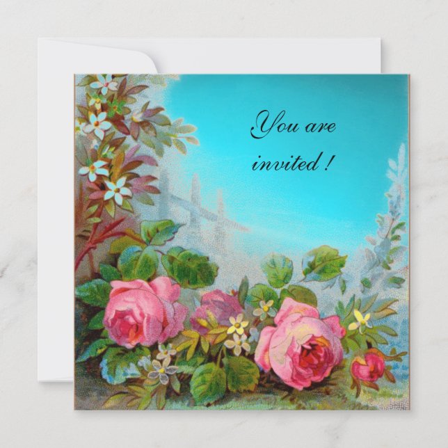 PINK ROSES & JASMINES  Aqua Blue,Turquase,Teal Gem Invitation (Front)
