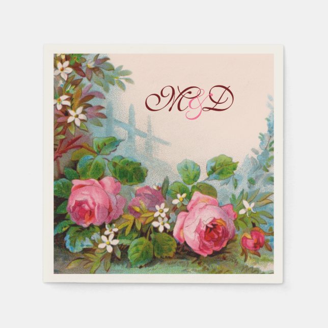 PINK ROSES,JASMINES FLORAL WEDDING MONOGRAM NAPKIN (Front)
