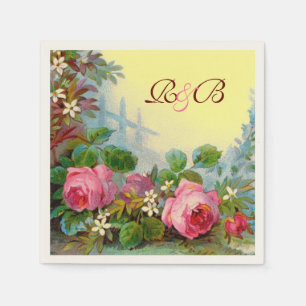 PINK ROSES,JASMINES FLORAL WEDDING MONOGRAM Yellow Napkin