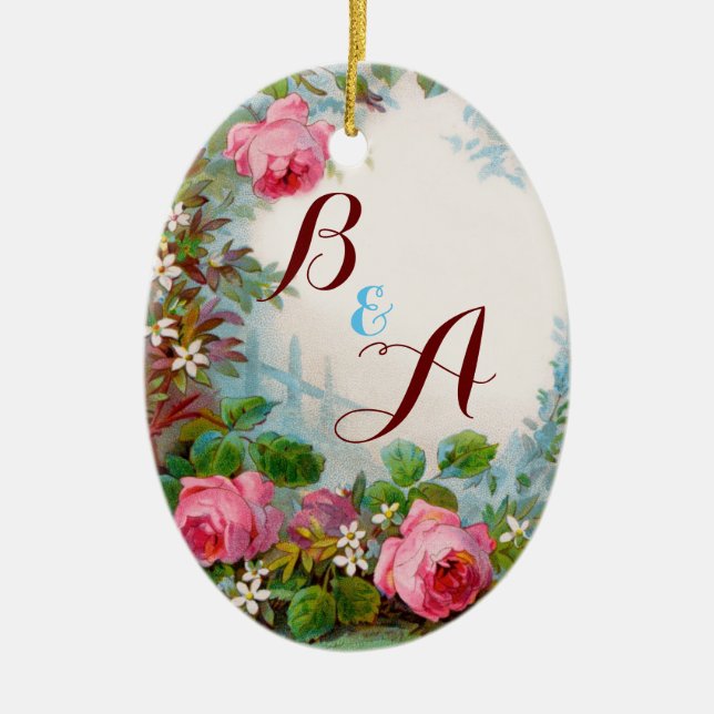 PINK ROSES & JASMINES MONOGRAM  Wedding Souvenir Ceramic Ornament (Front)