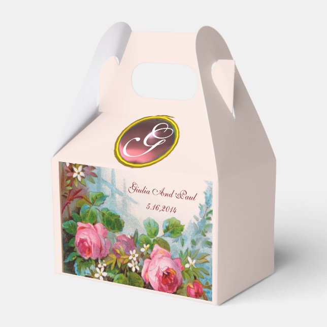 PINK ROSES ,JASMINES WEDDING GEM MONOGRAM FAVOR BOX (Front Side)