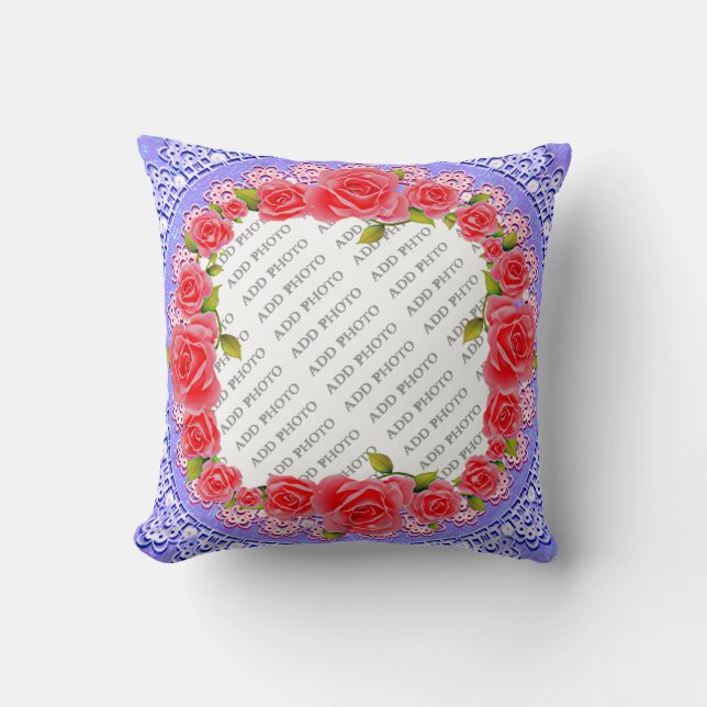 Pink Roses, Lace, Blue Background Add Photo Pillow (Front)