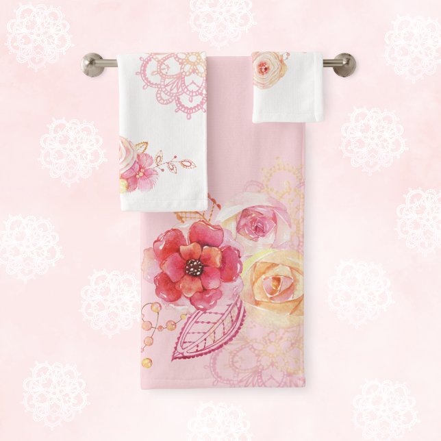 Pink Roses Lace Floral Bath Towel Set (Creator Uploaded)