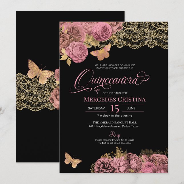 Pink Roses & Lace Glamourous Butterfly Quinceañera Invitation (Front/Back)