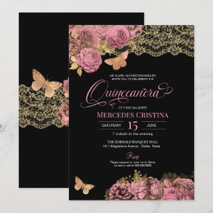 Pink Roses & Lace Glamourous Butterfly Quinceañera Invitation