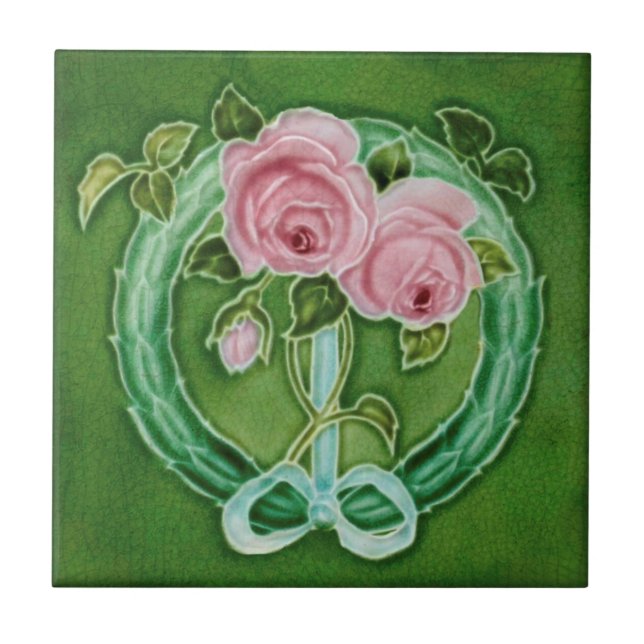 Pink Roses Majolica Faux Relief Repro Antique Tile (Front)