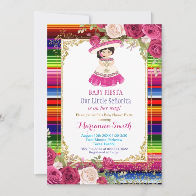 Pink Roses Mexican Fiesta Baby Shower  Invitation (Front)