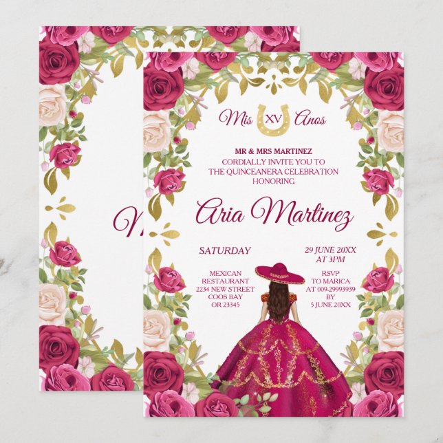 Pink Roses Mexican Girl 15th Birthday Invitation (Front/Back)