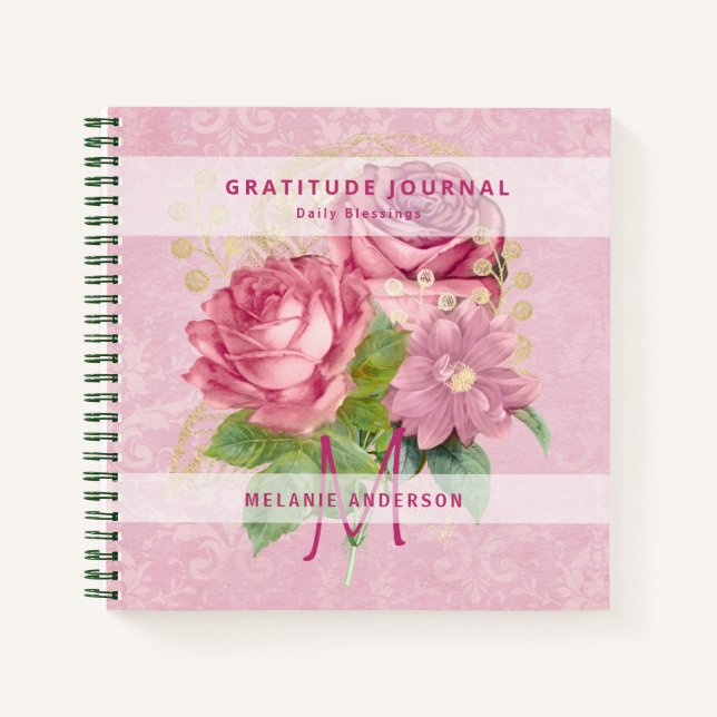 Pink Roses Mint Gratitude Thankfulness Journal (Front)