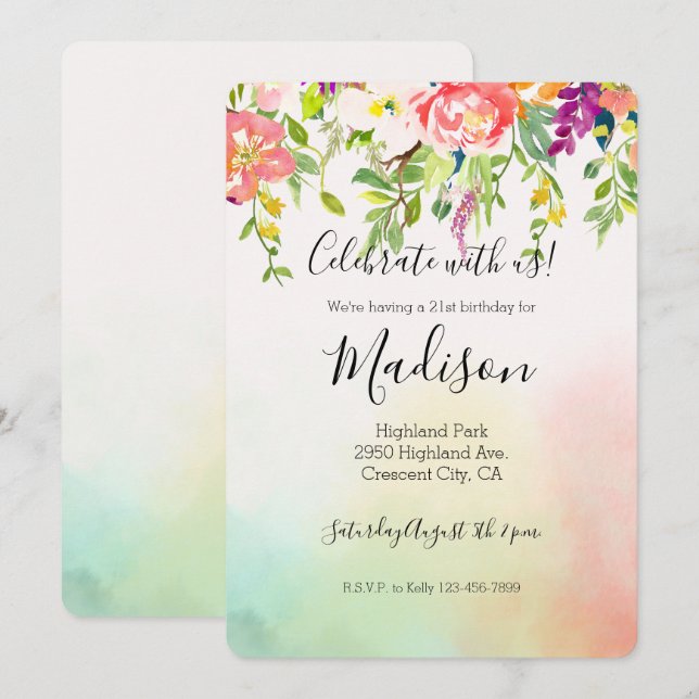 Pink Roses Mint Yellow Blush Tie Dye Floral Invitation (Front/Back)