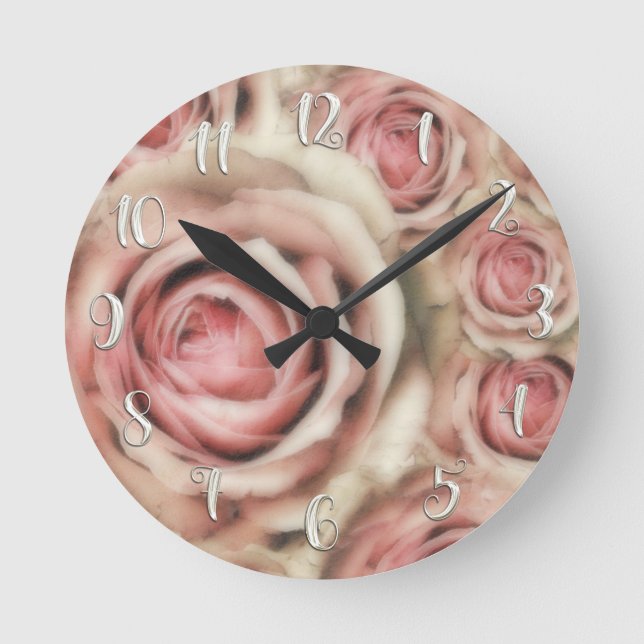 Pink Roses Modern Shabby Chic Romantic Custom Round Clock (Front)