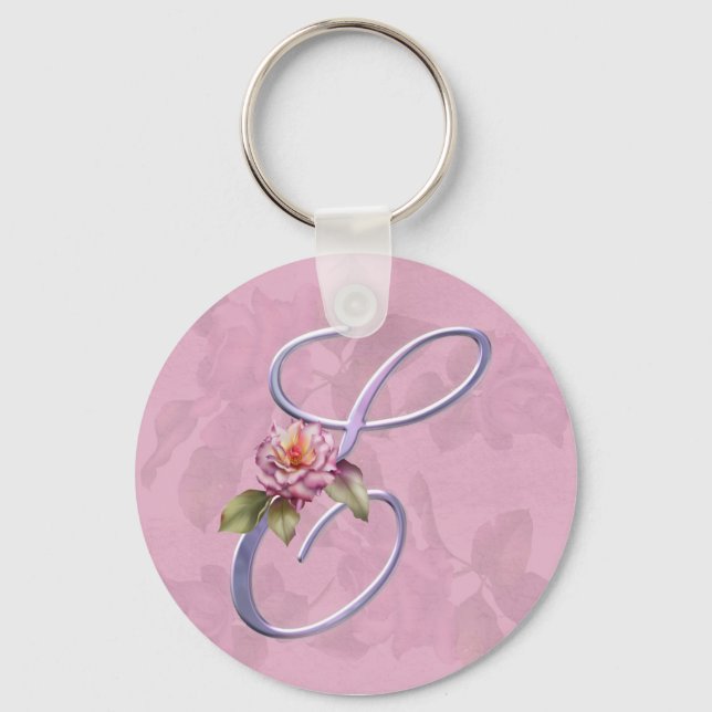 Pink Roses Monogram E Keychain (Front)