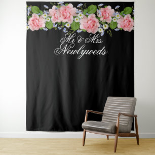 Pink Roses, Mr & Mrs Newlywed Photo Backdrop Tapestry