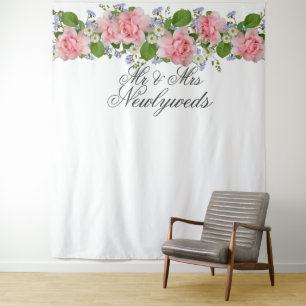 Pink Roses, Mr & Mrs Newlywed Photo Backdrop Tapestry