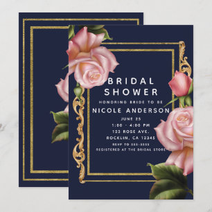 Pink Roses Navy Blue & Gold Modern Bridal Shower Invitation