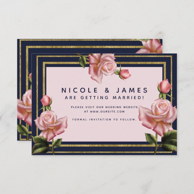 Pink Roses Navy Blue & Gold Modern Save the Date Invitation (Front/Back)
