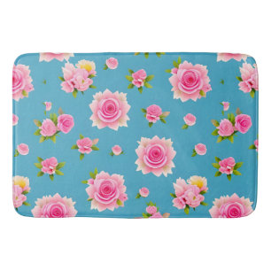 Pink Roses on a Blue Background Bath Mat