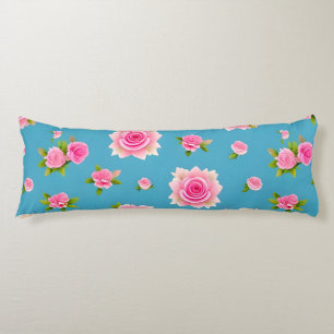 Pink Roses on a Blue Background Body Pillow