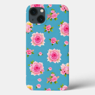 Pink Roses on a Blue Background iPhone 13 Case