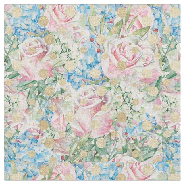 Pink Roses On A Blue Background Fabric (Close Up)