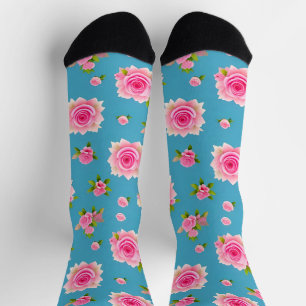 Pink Roses on a Blue Background Socks