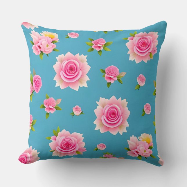 Pink Roses on a Blue Background Throw Pillow (Front)