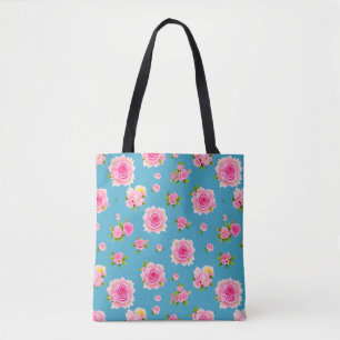 Pink Roses on a Blue Background Tote Bag
