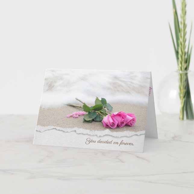 pink roses on beach sand with torn edge border card (Front)